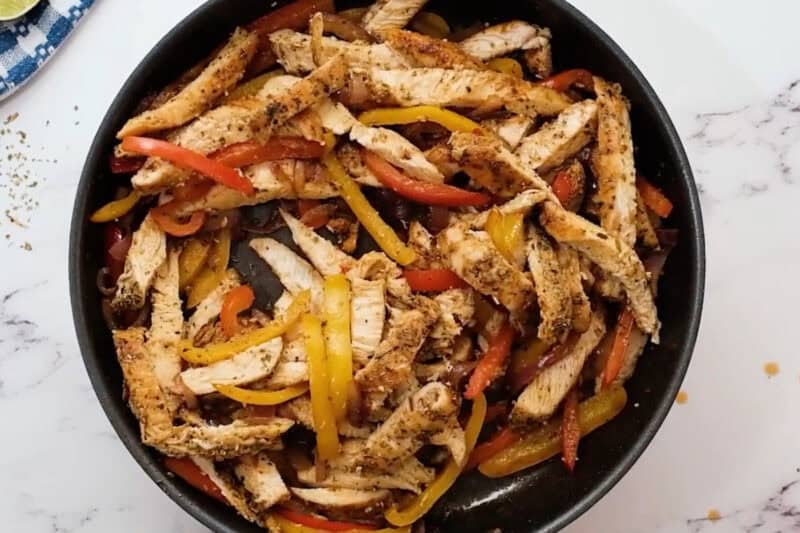 chicken fajita filling in a skillet.