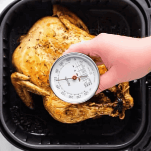 hand holding a meat thermometer above a whole chicken