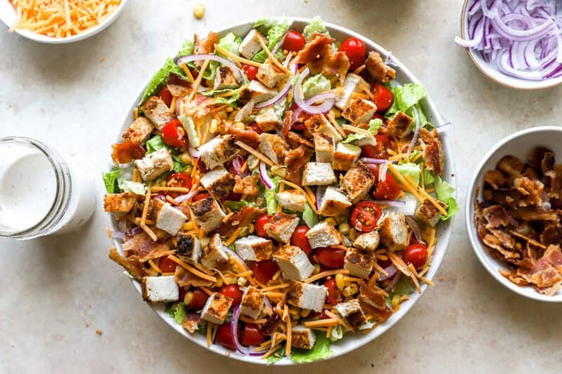 chopped chicken salad ingredients in a large bowl.