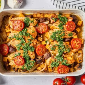 cooked chicken tenders and veggies topped with hot honey chimichurri sauce.