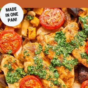 Pin: baked chicken and veggies (made in one pan!).