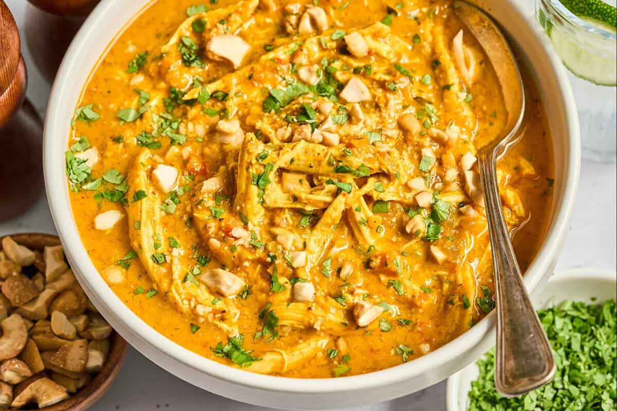 partial view of a bowl of mulligatawny soup with a spoon.