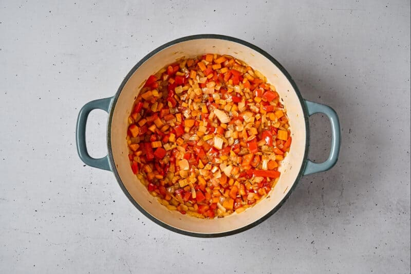 sautéed diced vegetables in a dutch oven.