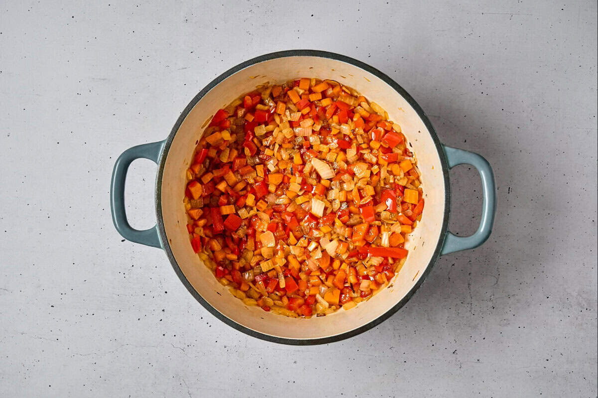 sautéed diced vegetables in a dutch oven.