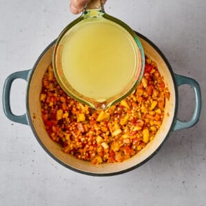pouring chicken broth over sautéed spiced vegetables and red lentils in a dutch oven.