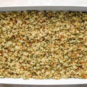 stuffing mix over chicken casserole in a baking dish.