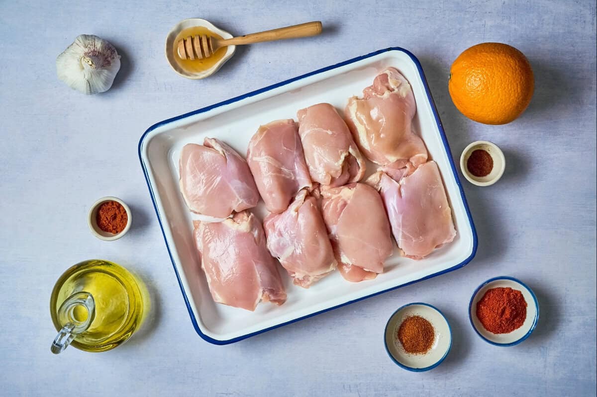 Ingredients for orange chipotle chicken thighs.