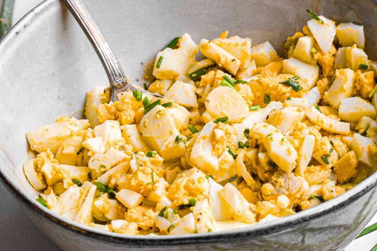 Boiled egg salad in a bowl.