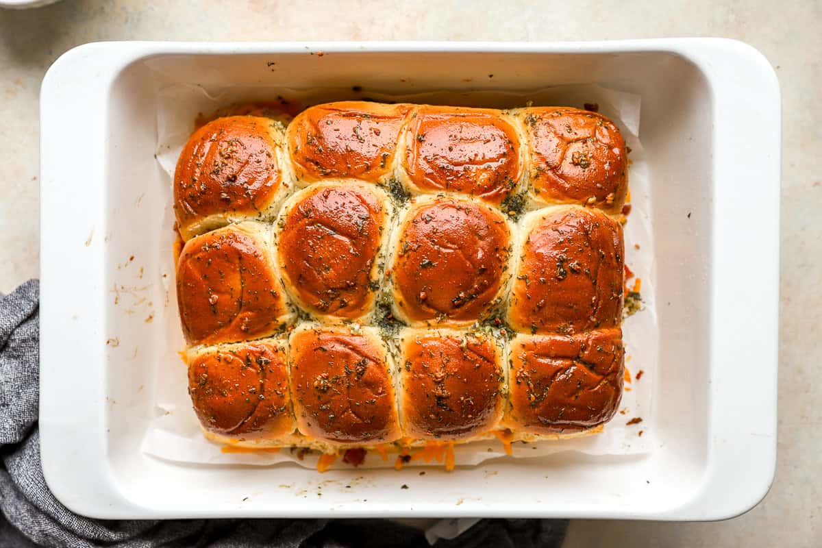 baked chicken bacon ranch sliders in a baking dish.