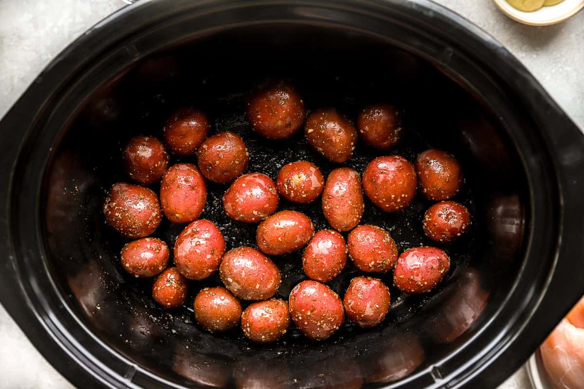 seasoned red baby potatoes in a crockpot.