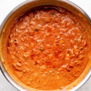 Indian butter chicken sauce in a pan.