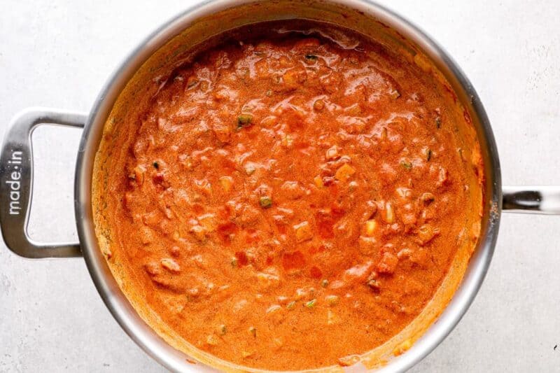 Indian butter chicken sauce in a pan.