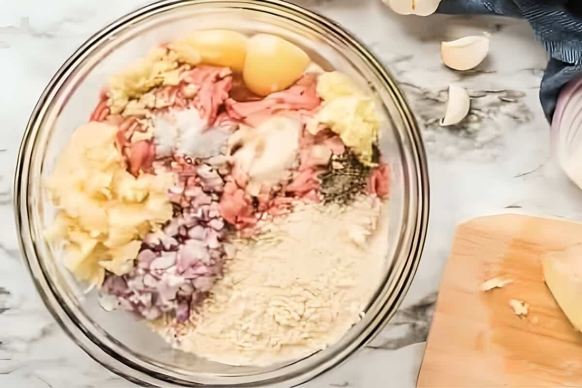 Ground chicken mixture in a bowl.