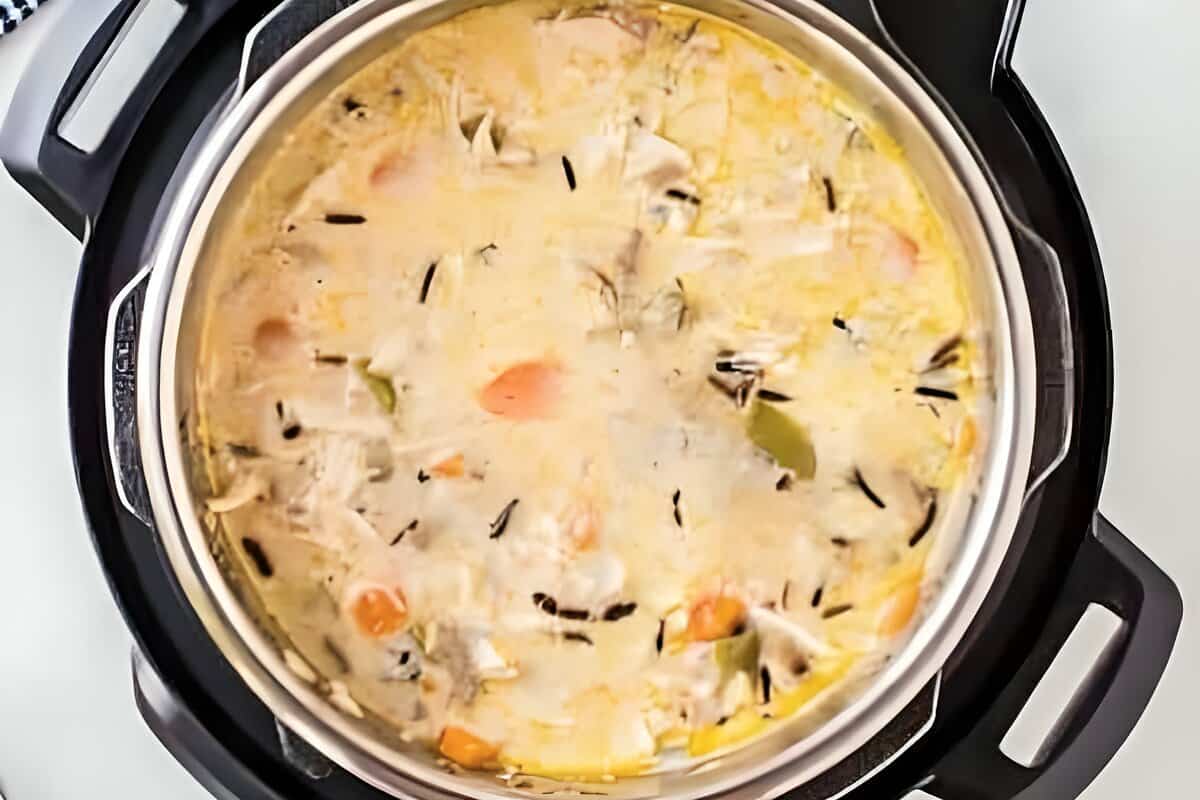 Chicken wild rice soup in an Instant Pot.