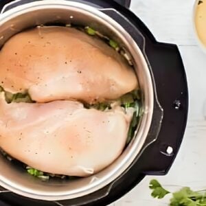 Raw chicken breasts placed in an Instant Pot.