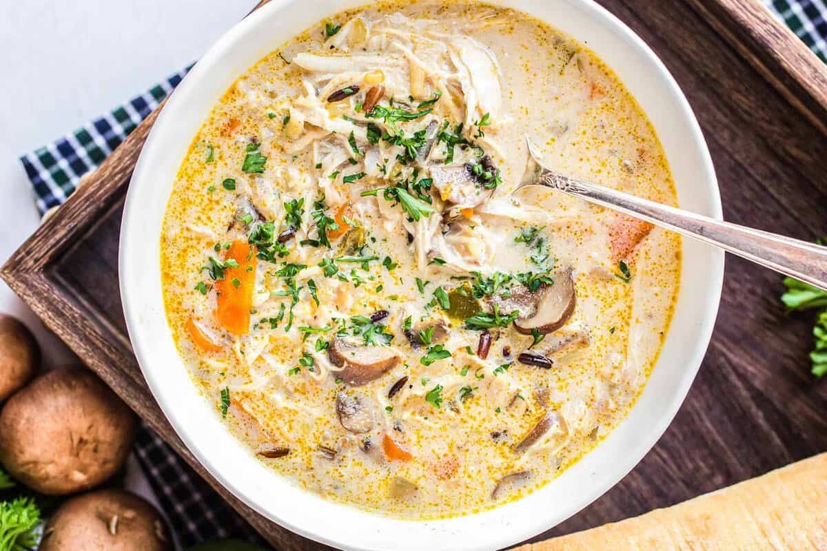 bowl of creamy instant pot chicken wild rice soup