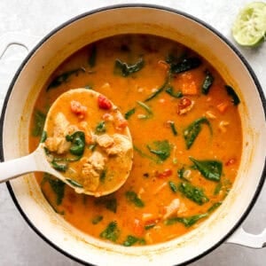 peanut chicken soup in a dutch oven with a ladle.