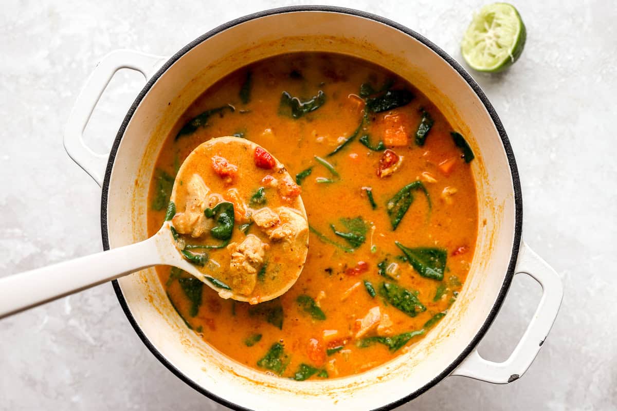 Ladle scooping up a portion of peanut butter chicken soup from a pot.
