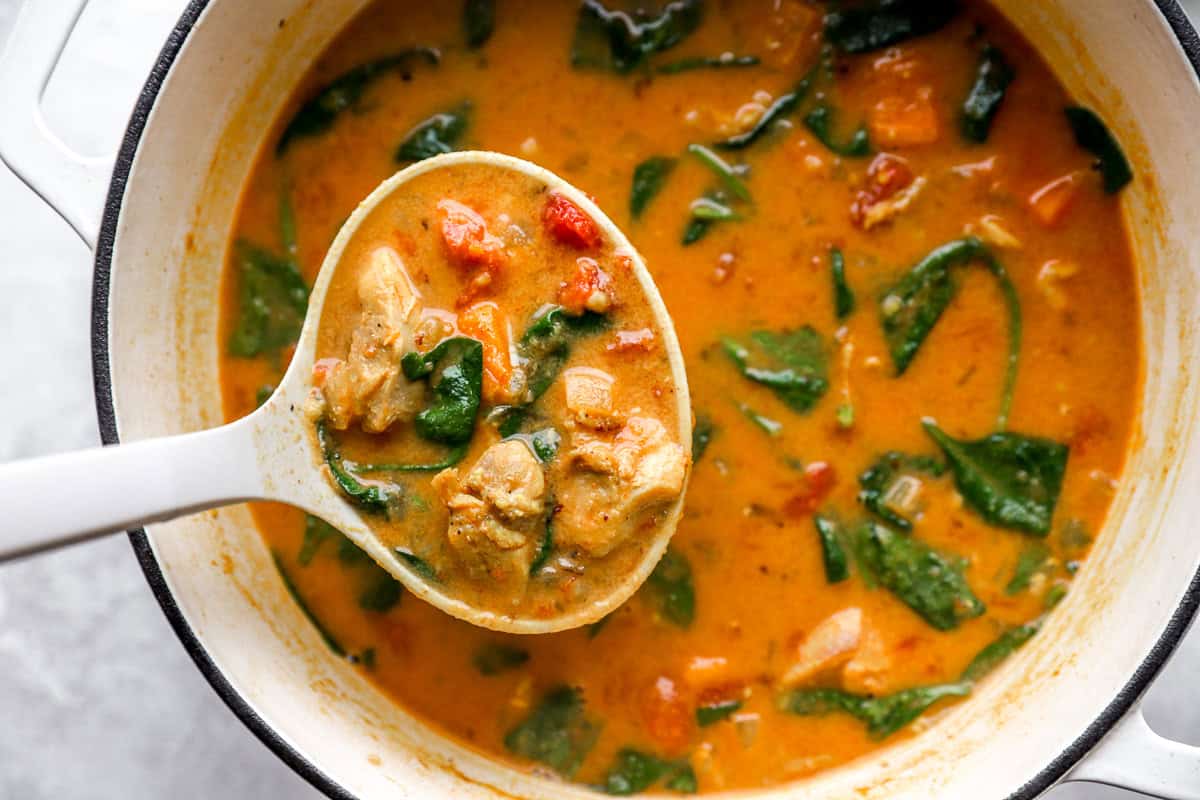 Ladle scooping up a portion of peanut butter stew filled with chicken, spinach, tomatoes, and sweet potatoes.