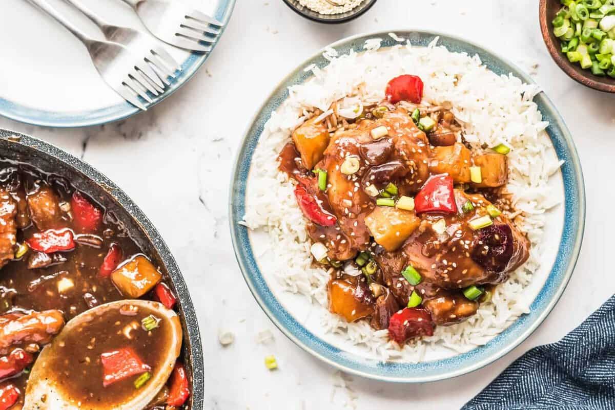 A serving of Hawaiian chicken over white rice.