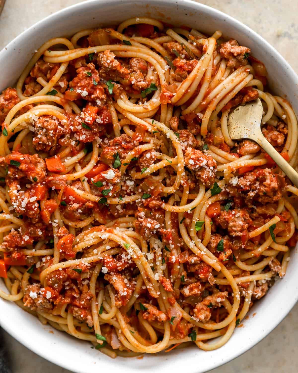 overhead view of a bowl of chicken bolognese pasta with a fork.