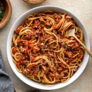 overhead view of a bowl of chicken bolognese pasta with a fork.