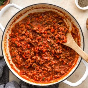 chicken bolognese sauce in a dutch oven.
