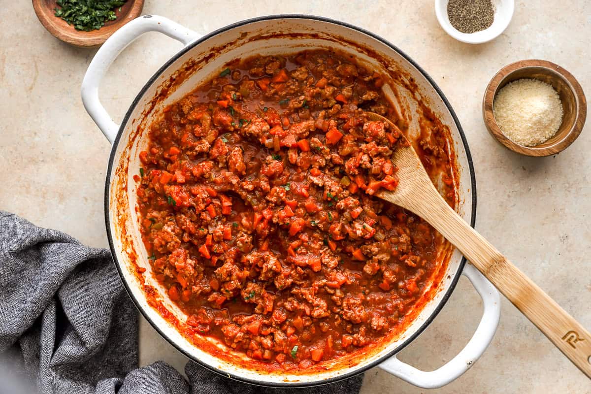 chicken bolognese sauce in a dutch oven.