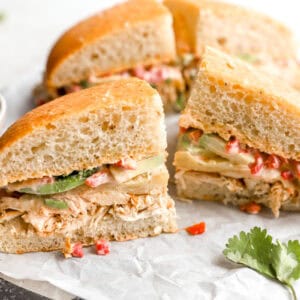 a chipotle chicken avocado melt cut into 4 pieces.