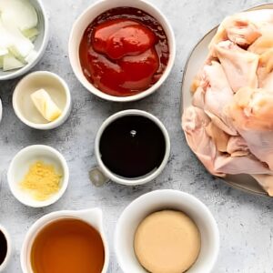 overhead view of ingredients for crockpot bourbon wings in individual containers.