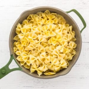 cooked pasta in a pan.