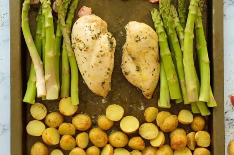 Chicken and veggies on a sheet pan.