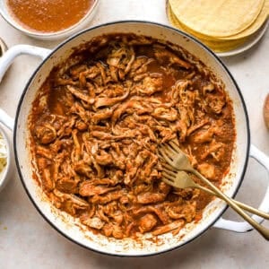 shredded saucy chicken birria in a pan.