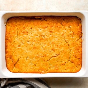 baked chicken cornbread casserole in a casserole dish.