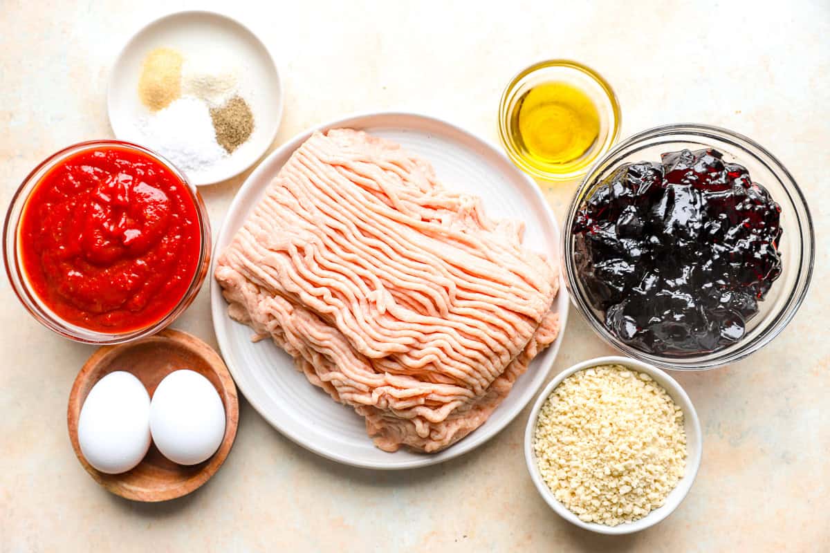 Ingredients for homemade grape jelly chicken meatballs.