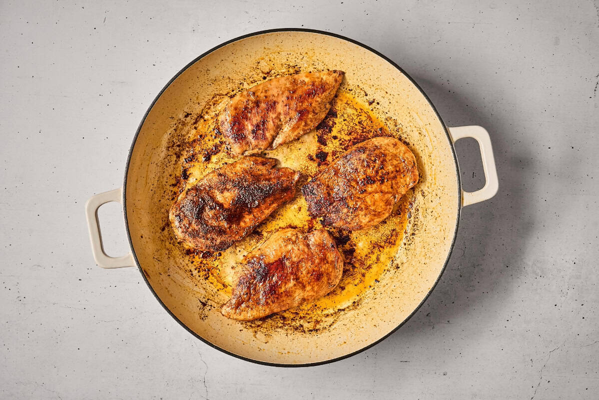 searing chicken breasts in a pan.