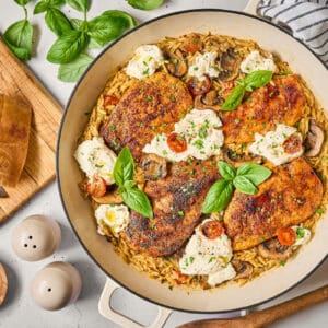 fresh basil and parsley over a ricotta chicken orzo skillet.