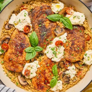 one pan ricotta chicken orzo skillet topped with fresh herbs.