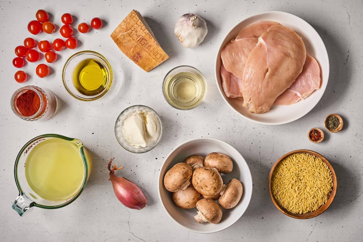 ingredients for one pan ricotta chicken orzo skillet.