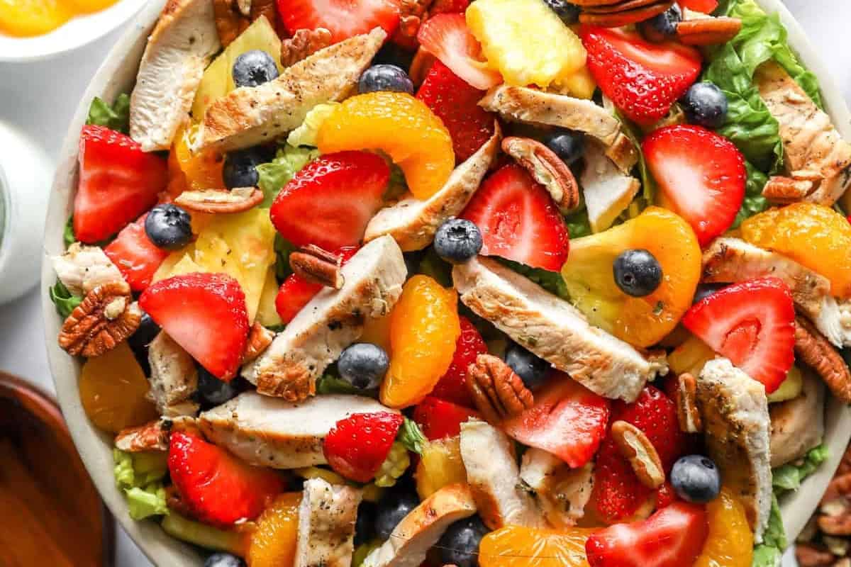 closeup of strawberry poppyseed chicken salad.