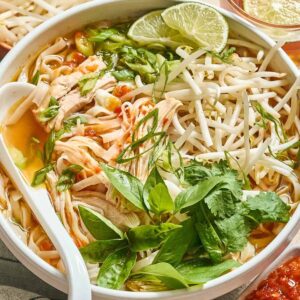 a bowl of chicken pho with a spoon.
