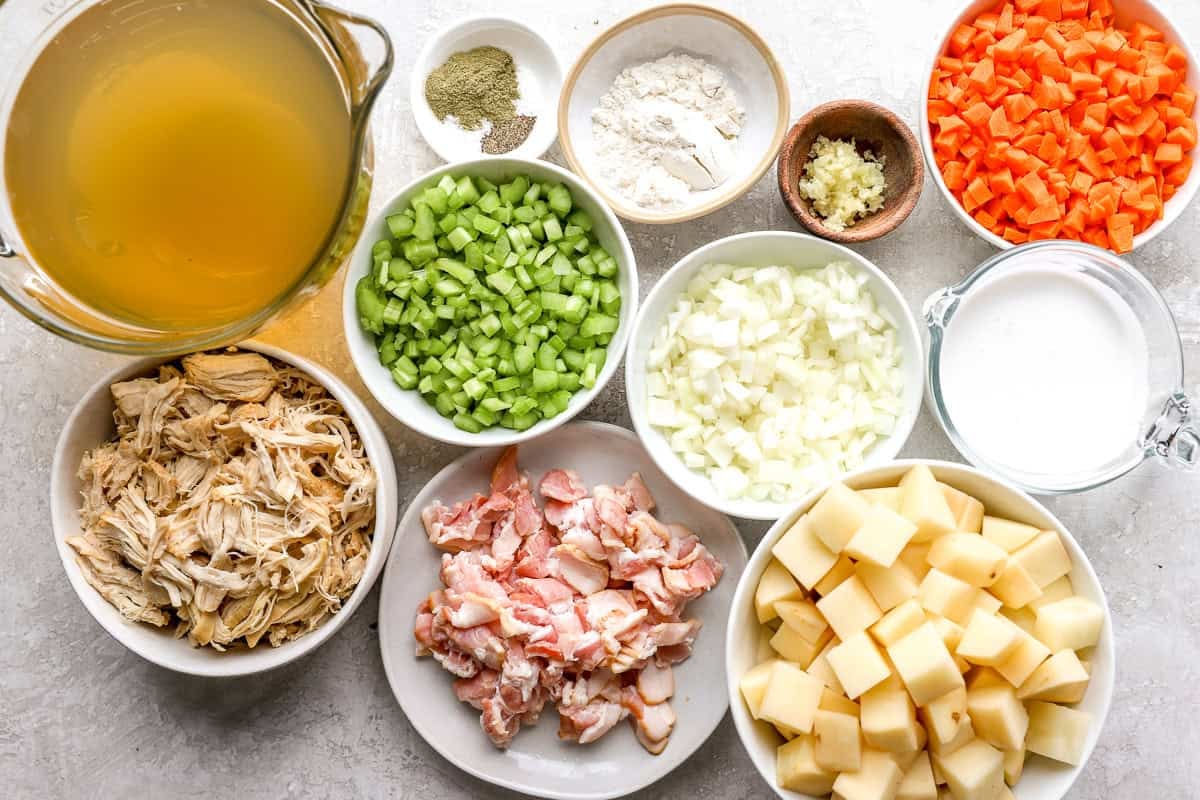 portioned and prepped ingredients for chicken and potato soup.