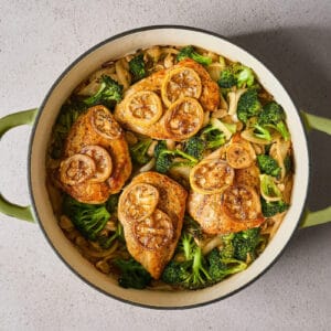 lemon chicken, broccoli, and white bean skillet after roasting.