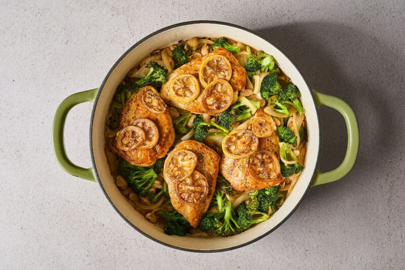 lemon chicken, broccoli, and white bean skillet after roasting.