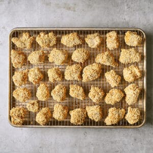 baked Panko-breaded chicken pieces on a wire rack set in a rimmed baking sheet.