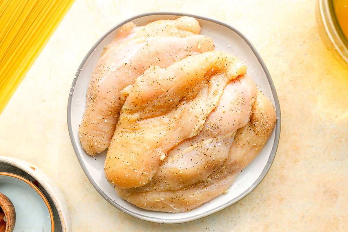 seasoned thin-sliced chicken breasts on a plate.