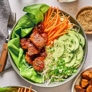 overhead view of a serving korean bbq chicken salad in a bowl.
