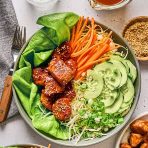 overhead view of a serving korean bbq chicken salad in a bowl.