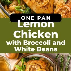 lemon rosemary chicken skillet with broccoli and white beans pin.
