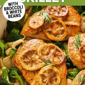 lemon rosemary chicken skillet with broccoli and white beans pin.